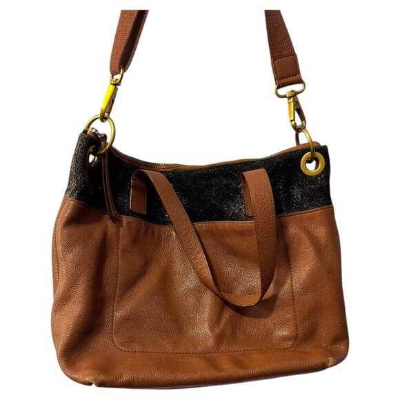Fossil Keely Tote Leather Large Handbag Cognac Brown Black Shoulder Bag Zipper - Picture 3 of 10